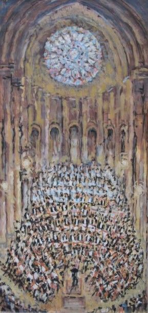ROGER BRAVARD(1923-2015) L'orchestre. Huile sur papier.97 x 49 cm