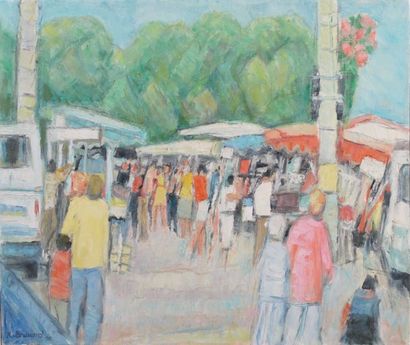 ROGER BRAVARD(1923-2015) Le marché. Huile sur toile, signée, datée 2010. 46 x 55...