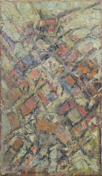 ROGER BRAVARD(1923-2015) Rythmes de toits. Huile sur toile, signée en bas à gauche....