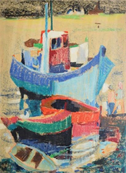 PLISSON Henri, (1908-2002) Chalutiers et barques à marée basse, pastel et gouache...