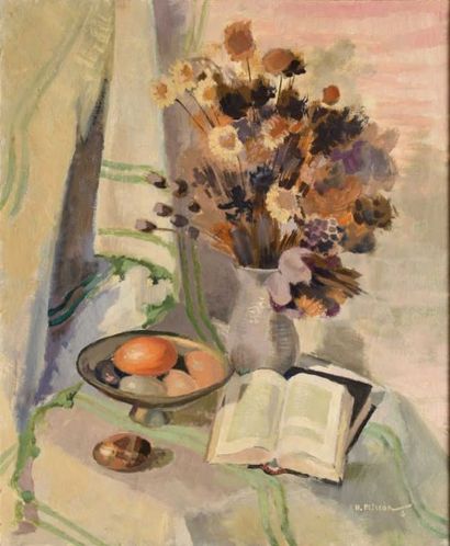 PLISSON Henri (1908-2002) Bouquet sec, huile sur toile, signée en bas à droite, signée...