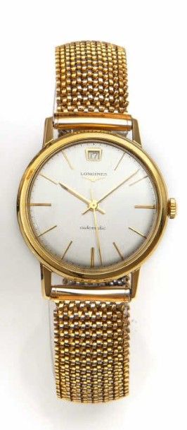 LONGINES Montre bracelet d'homme en or 18 K, cadran argenté avec index appliqués,...