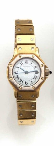 CARTIER ?SANTOS OCTOGONALE". Montre bracelet de dame en or 18 K, cadran blanc craquelé...