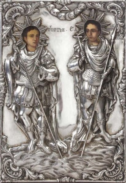 null Icône rectangulaire peinte sur bois représentant Saint Georges et Saint Dimitri,...