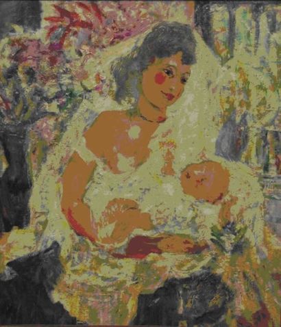 SPIELMAN O Femme à l'enfant. Huile sur toile, signée en bas à droite. 52 x 45 cm