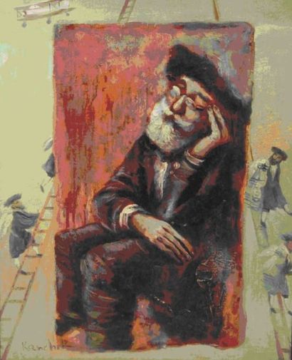 KANCHIK Homme pensif. Huile sur toile, signée en bas à gauche. 51 x 47 cm