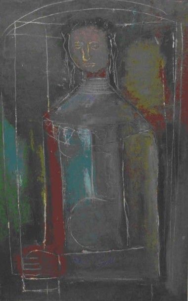 ANONYME Femme. Huile sur carton. 79 x 51 cm
