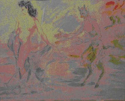 ANONYME Satyre et femme. Aquarelle sur papier. 54 x 64 cm