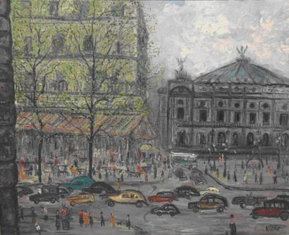 KREBS Place de l'opéra Garnier. Huile sur toile, signée en bas à droite. 50 x 61...