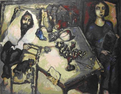 KEITEL Scène d'intérieur judaica. Huile sur toile, signée en bas à gauche. 115 x...
