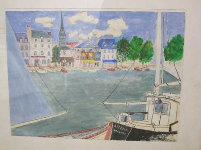 Claude BOUSSIER (1925-2014) Vieux bassin Honfleur,gouache sur papier, signé. 24 x...
