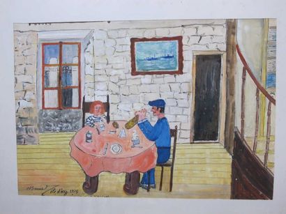 Claude BOUSSIER (1925-2014) Intérieur breton Ile d'Arz, daté 74, aquarelle, gouache...