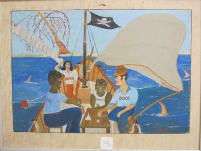 Claude BOUSSIER (1925-2014) Les pirates, huile sur toile contrecollé, signée en bas...