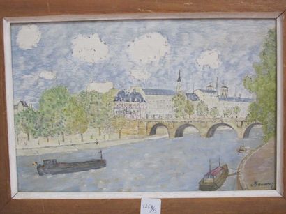 Claude BOUSSIER (1925-2014) Vue du Pont Neuf depuis la Seine, huile sur isorel, signée...