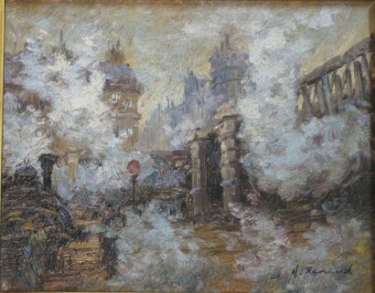 H.Renaud (1921-1990) « Vue de Paris dans le brouillard » Huile sur toile signée en...