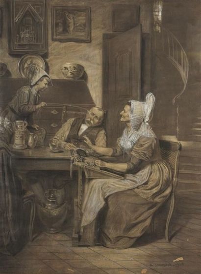 null Ecole hollandaise du XIXe siècle. "Le canari" et "la dentelière". Paire de scènes...