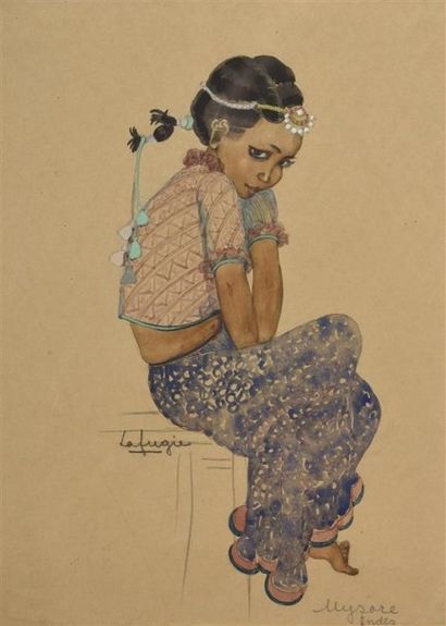 null Léa LAFUGIE (1890-1972). Jeune indienne, Mysore (Inde). Aquarelle avec légers...