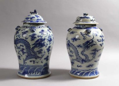 null CHINE, XIXe siècle. Potiche couverte en porcelaine bleu-blanc à décor de deux...