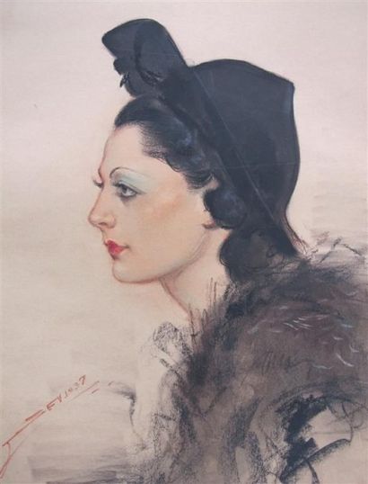 null J.SEVE. (XXe). Portrait de femme de profil. Pastel sur papier signé en bas à...