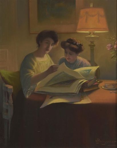null H.PASQUIER (XIX-XXe). Deux femmes lisant une revue. Pastel vers 1900, signé...