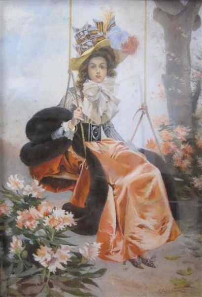 null Aimé BOURGOIN (1824- ?). Femme sur une balançoire. Pastel. Signé en bas à droite...