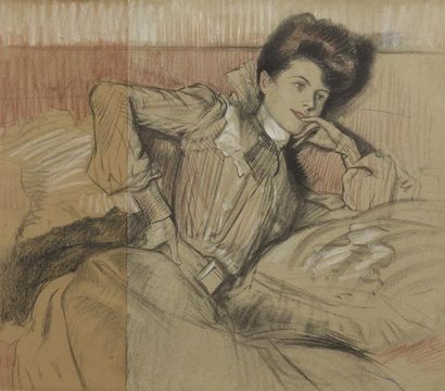 null Pierre Georges JEANNIOT (1848-1934). Portrait de femme allongée. Craie de couleur...