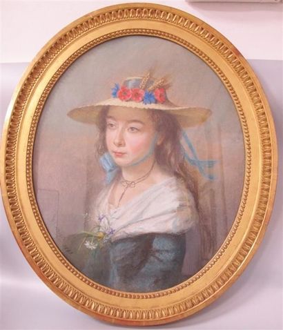 null Louis BIETRIX (XIX-XXe). Portrait de jeune fille. Pastel ovale. 59 x 48 cm.