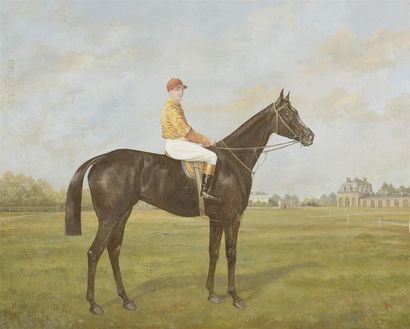 null Ecole française vers 1920. Portrait de cheval de course et son jocket à Chantilly....