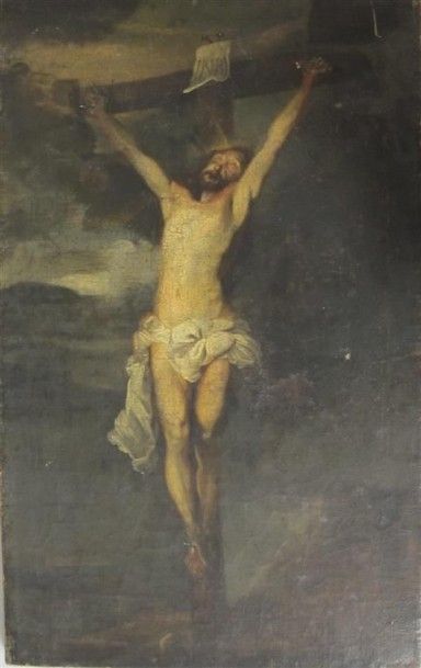 null Ecole espagnole ? du XVIIe siècle. Christ en croix. Huile sur toile, réentoilée....