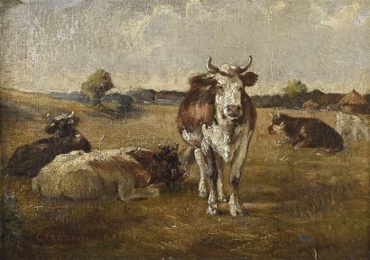 null Constant TROYON (1810-1865). Vaches dans un pré. Huile sur toile, signée en...