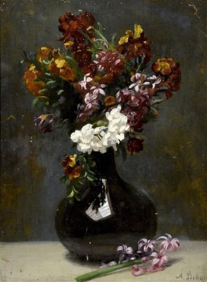 null Pierre-Auguste PICHON (1805-1900). Bouquet de jacinthes et de giroflées sur...