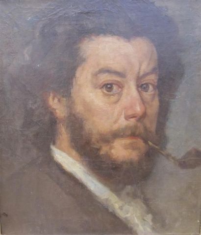 null Ecole française du XIXe siècle. Portrait d'homme à la pipe. Huile sur toile....
