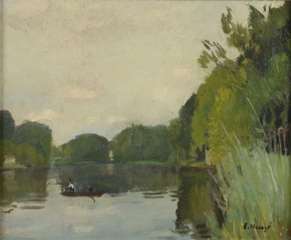 null Edmond Amédée HEUZÉ (1884-1967). Barque à la rivière. Huile sur panneau, signé...