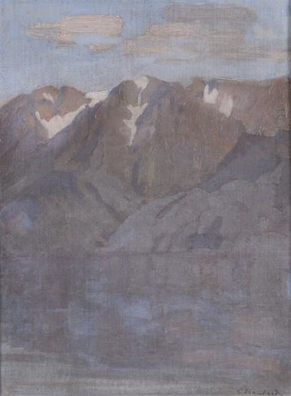 null Charles RAMBERT (1867-1932). Vue d'un lac de montagne. Huile sur carton, signé...
