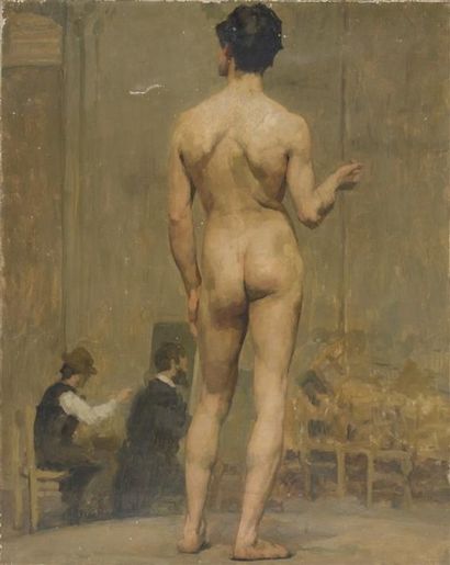 null Louis BILLOTEY (1883-1940). Modèle masculin de dos dans l'atelier. Huile sur...