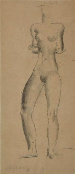 null Louis BILLOTEY (1883-1940). Nu féminin bras dans le dos. Etude au fusain sur...