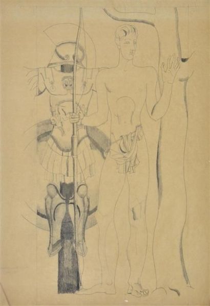 null Louis BILLOTEY (1883-1940). Saint Sébastien. Etude au crayon noir sur calque,...