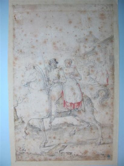 null Ecole du Nord de la fin du XVIIe siècle. Couple de cavaliers sur leur cheval....