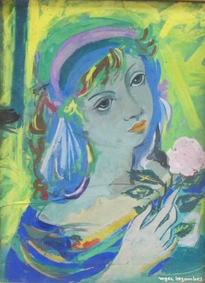 null Roger BEZOMBES (1913-1994). Portrait de jeune femme à la rose. Gouache sur isorel...