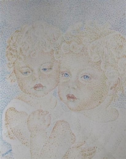 null Maria MAREVNA (1892-1984). Deux enfants. Aquarelle pointilliste, signée en bas...