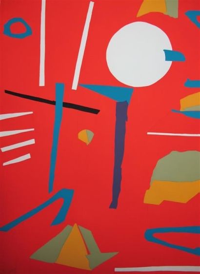 null André LANSKOY (1902-1976). Composition au fond rouge, 1969. Sérigraphie en couleurs...