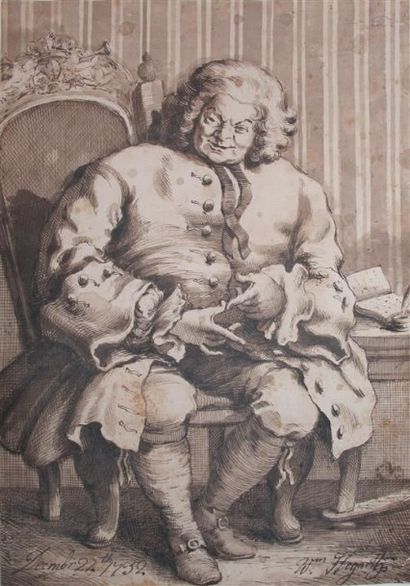 null Ecole anglaise du XVIIIe siècle. Portrait d'homme assis. Encre brune sur papier,...