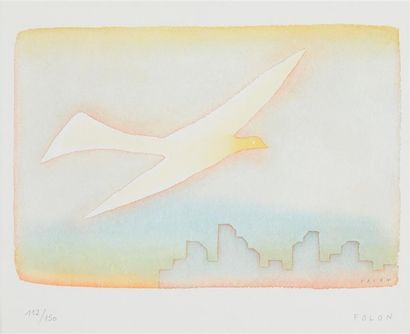 null Jean-Michel FOLON (1934-2005). Oiseau sur la ville. Lithographie en couleurs,...