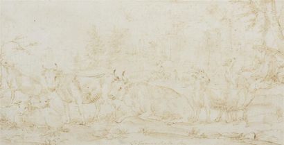 null Gaetano DE ROSA (1690-1770). Paysage champêtre. Plume brune sur papier. Signé...