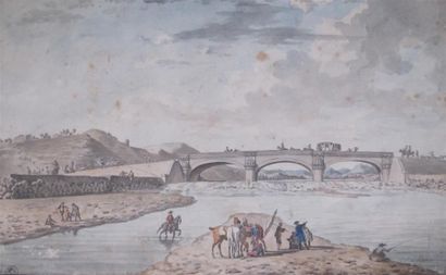 null Olivier LE MAY (1734-1797). Vue du pont de la Drôme à Livron. Plume et aquarelle...