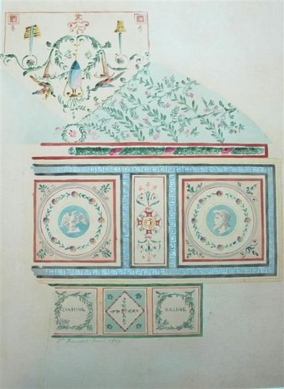 null Jules Frederic BOUCHET (1799-1860). Projet de décor de plafond. Aquarelle, signée,...