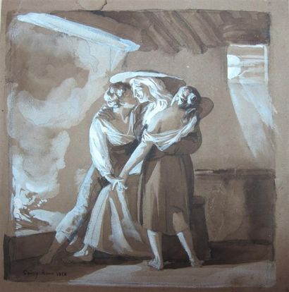 null Joseph COINY (1795-1829). Une mère enlaçant ses enfants. Lavis de sépia et rehauts...
