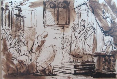null Francois Marius GRANET (1775-1849). Intérieur d'église animé. Encre brune et...
