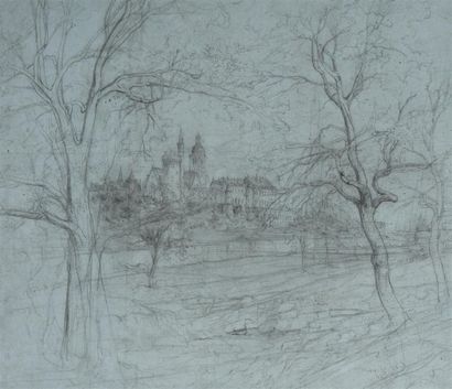 null Francois Louis FRANCAIS (1814-1897). Plombieres, un jardin. Crayon noir sur...