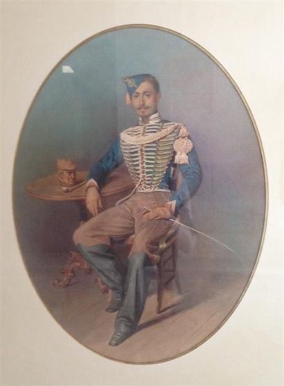 null Désiré MAZAROZ (1814-1876). Portrait en pied d'un hussard. Aquarelle ovale sur...